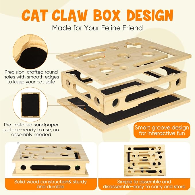 SENNOVI Large Wooden Cat Puzzle Feeder & Scratcher Box, Interactive Toy