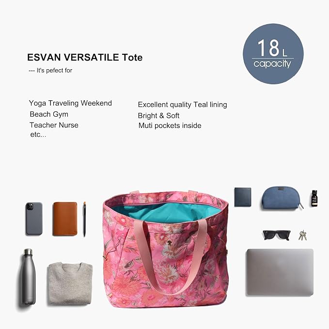 ESVAN Yoga Tote Bag for Women Drawstring Canvas Shoulder Bags for Workout Travel Carryall Pilates Gym and Beach
