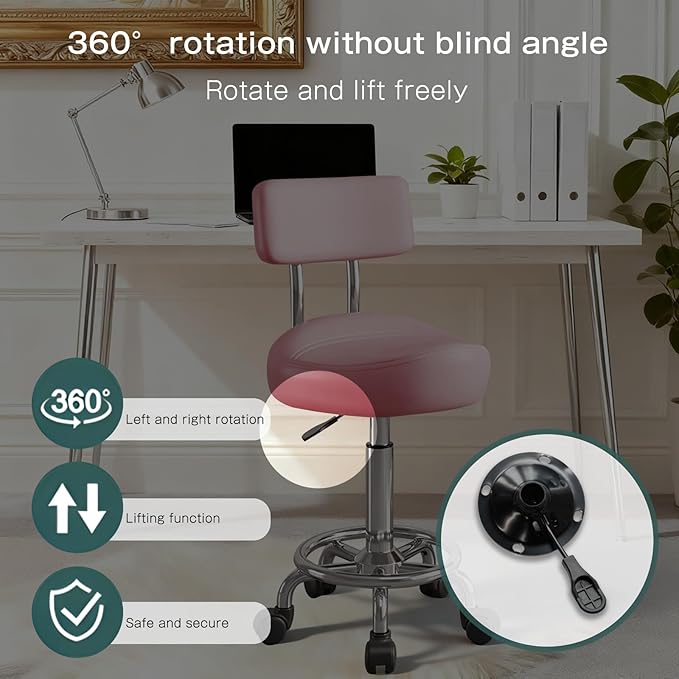 Saddle Stool with Back and Ring Pedal, Adjustable Hydraulic Rolling Chair with Wheels for Salon, Spa, Medical, Massage & Drafting Use Pink