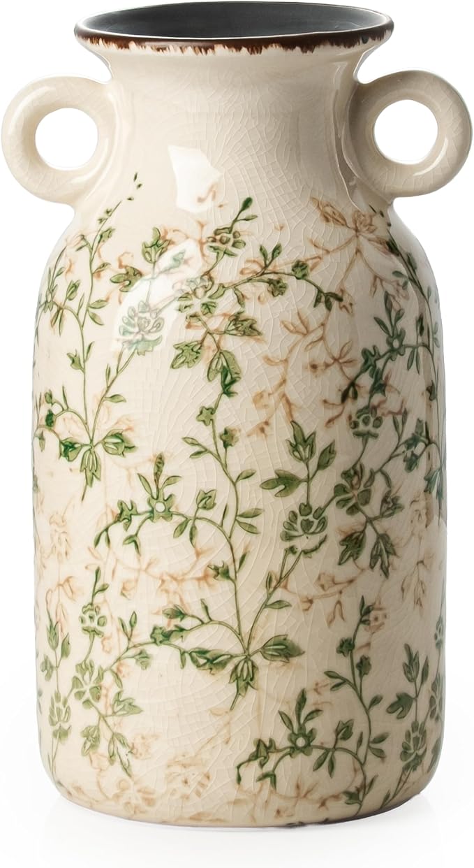 Ceramic Flower Vase with Handle for Home Decor, Vintage Green Vase 9.1 Inch | Rustic Farmhouse Floral Vase for Mantel, Living Room, Coffee Table, Kitchen, Bookshelf, Entryway, Wedding Centerpiece