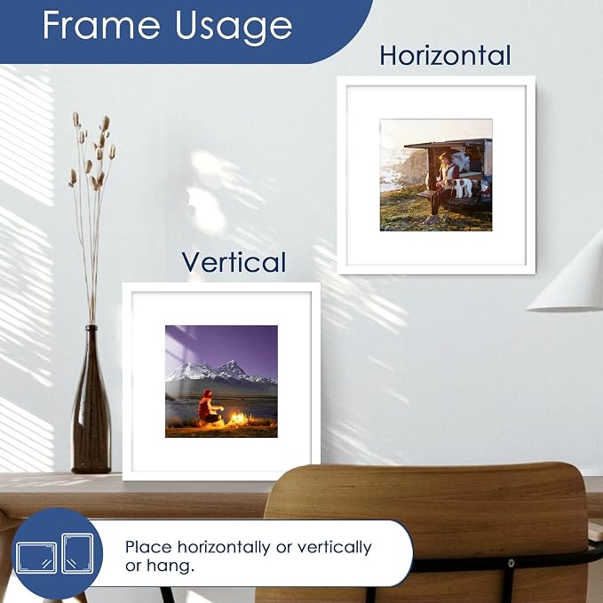 12x12 Picture Frame Set of 6, Wall Mount Display, White | Display Pictures 8x8 with Mat or 12x12 Without Mat, Horizontal or Vertical, Gallery Wall Frame Set, Wedding Birthday Gifts