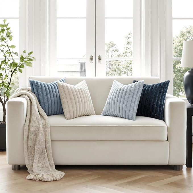 MIULEE Faux Fur Plush Decorative Throw Pillow Covers 16x16, Navy Blue | Set of 4, Striped, Soft Coastal Modern Cozy Home Decor, Cushion Cases for Sofa Couch Bed Living Room