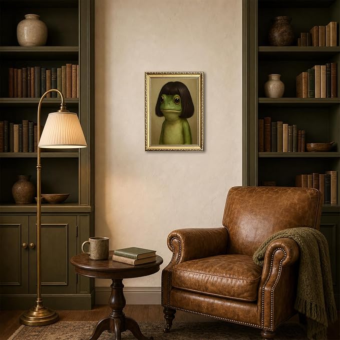 Gold Framed Funny Frog Wall Art, Whimsical Green Frog Wall Decor Painting Cute Animal Poster Canvas Prints Artwork for Living Room Bedroom Bathroom 12x16 inch