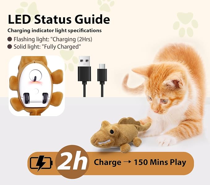 Interactive Cat Toys for Indoor Cats – Auto Moving Alligator with 360° Random Movement & Tail Wagging, Rechargeable Cat Exercise Toy with Catnip, Self-Play Fun for Bored Adult Cats-Brown