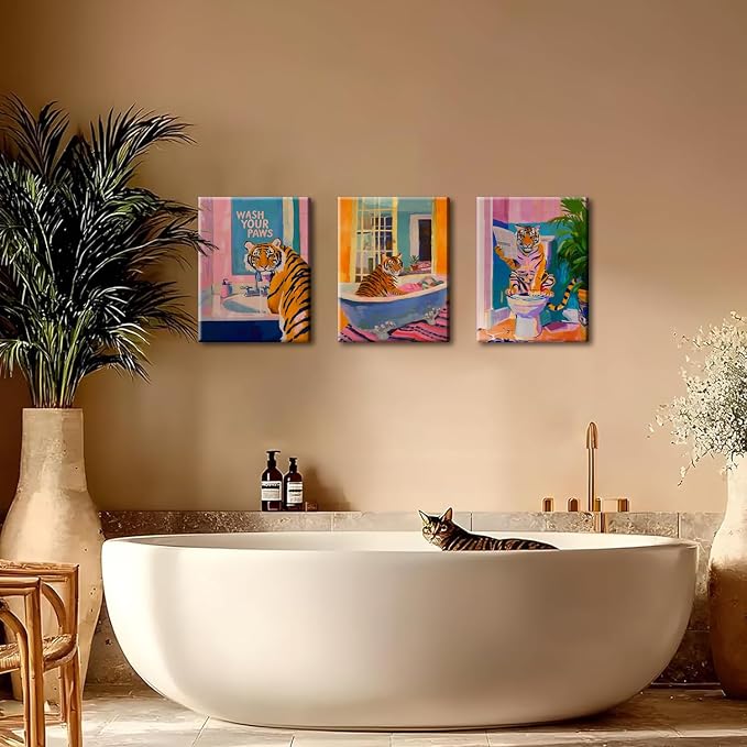Funny Tiger Bathroom Wall Art Set of 3 Whimsical Tiger in Bathtub Canvas Wall Decor Painting Maximalist Animal Bathroom Poster Print Aesthetic 12x16 inch Framed