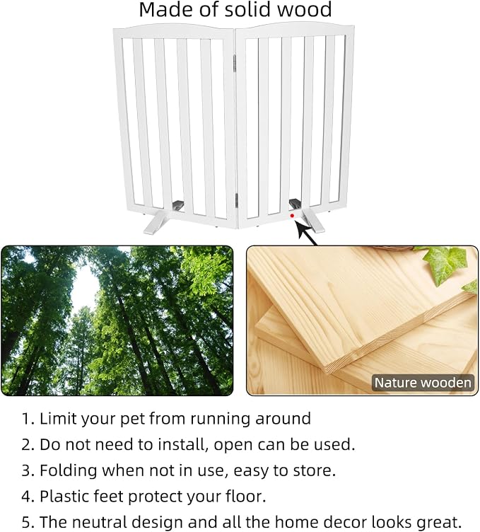ZJSF Foldable Freestanding Indoor Dog Gate for House Wood White Long Pet Gates Dog Fence for Stairs Puppy Gates for Hallways,Pet Fence, Puppy Gate,Support Feet Included 32 "Height-2 Panels