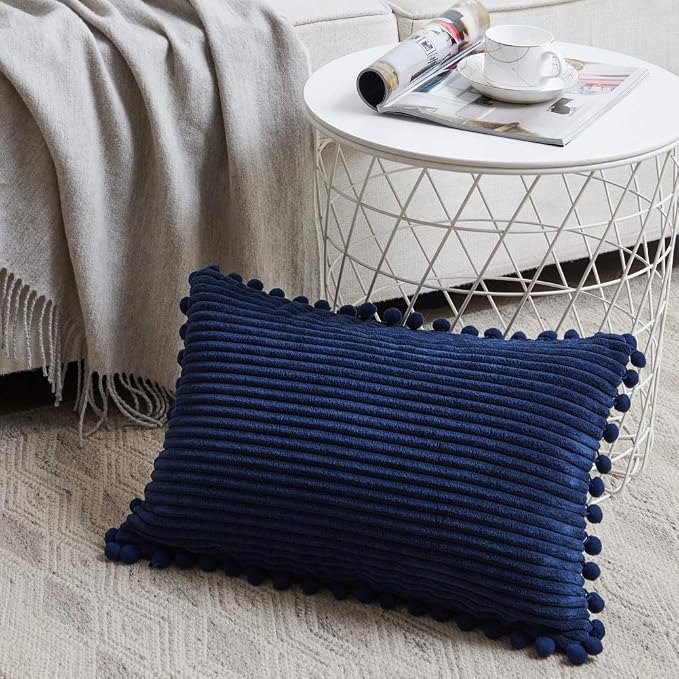 Fancy Homi 2 Pack Navy Blue Lumbar Decorative Throw Pillow Covers 12x24 Inch with Pom-poms for Couch Bedroom Sofa, Farmhouse Boho Home Decor, Soft Corduroy Solid Rectangle Cushion Case 30x60 cm
