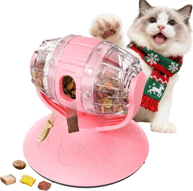 Rotating Interactive Cat Treat Dispenser Toy - Slow Feeder Puzzle for Indoor Cats-Pink