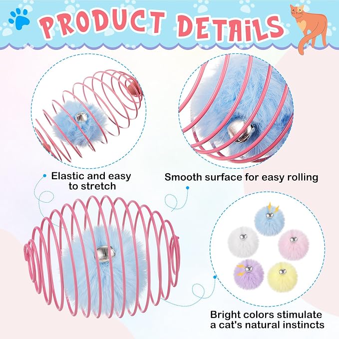 Jecery 5 Pcs Cat Toys Spring,Pom-pom with Bell,Multicolor