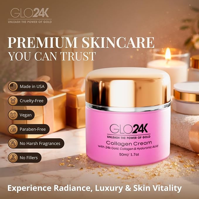 GLO24K Cream with 24k Gold, Retinol, Vitamins, and Hyaluronic Acid. Optimally Hydrate your Skin while you sleep. (Cherry Collagen Cream) (2 Pack)
