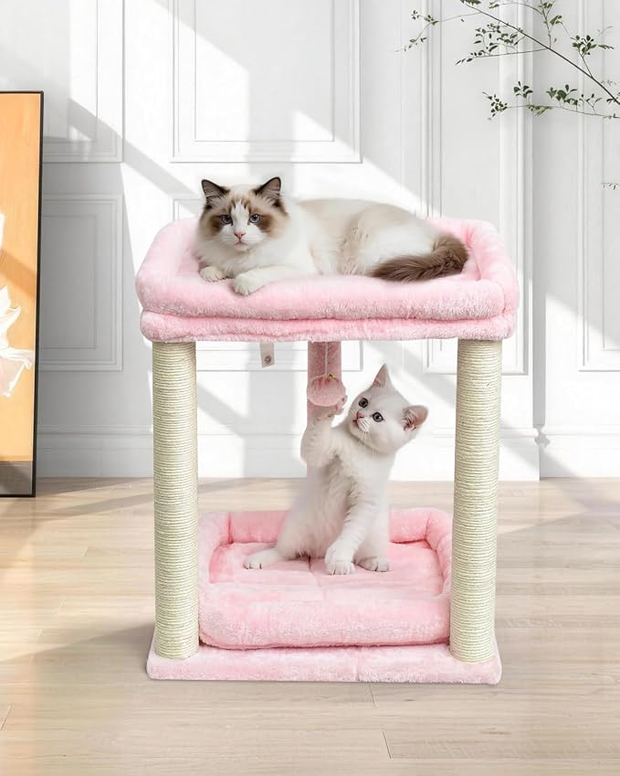 SYANDLVY Small Cat Tree for Indoor Cats with 2 Levels Perch Platforms | Natural Sisal Scratching Post Tower with Hanging Bell Ball & Anti-Tip Strap, Stable Cat Perch Furniture for Kittens, Pink