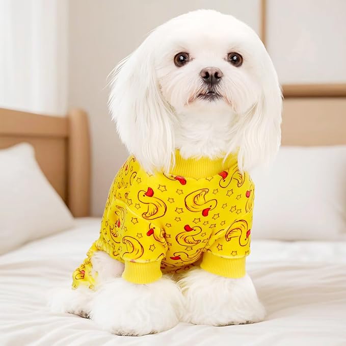 Dog Pajamas Onesie: Comfortable Four-Legged Apparel for Small, Medium, & Large Dogs, Polyester Material for Comfort, Wrinkle Resistance, Moisture Wicking, Stretchiness Rotating Duck XL