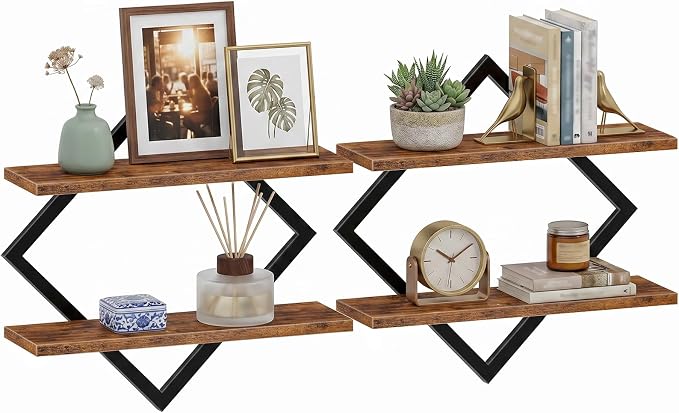 Floating Shelves, Set of 2 Wall Shelves, 2-Tier Hanging Shelves, Wall Shelf Set of 2, Wall Mounted Shelves, for Living Room, Bedroom, Kitchen, Office, Study, Rustic Brown TBJ01P2BF