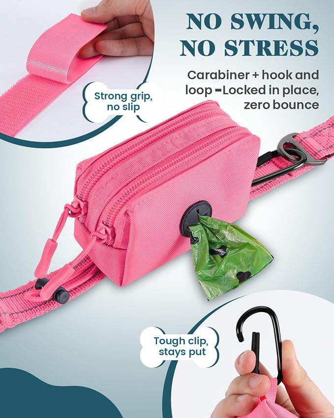 Dog Poop Bag Holder for Leashes, Pink Doggie Waste Bag Dispenser and Treat Holder, with Carabiner Hook and Poop Bag Clip, Used Waterproof Wear-Resistant Fabric and 2 Zippered Pouches for Walking
