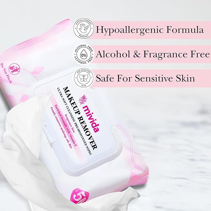 Mivida Hypoallergenic Makeup Remover Wipes With Vitamin E, Daily Cleansing Facial Towelettes, For Sensitive Skin, 50 Count, Alcohol Free, Fragrance Free Makeup Wipes