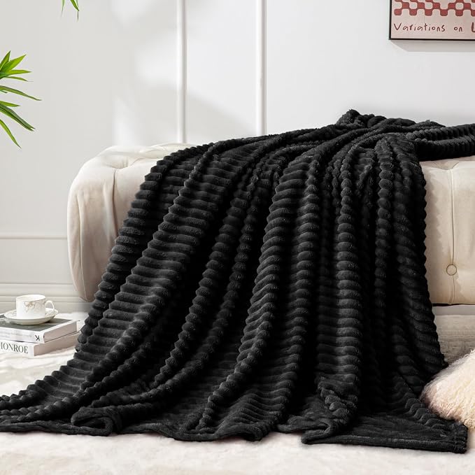 BEDELITE Ribbed Jacquard Black Fleece Throw Blanket for Couch, 50x60 Inch | Soft Warm Decorative Fluffy Blanket, Cozy Plush Lightweight Fuzzy Throw Blanket for Bed Sofa Home Room Decor, Gift for Women