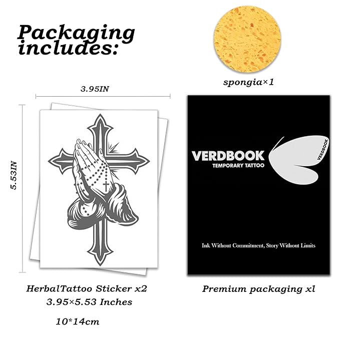 Waterproof Temporary Tattoos: 2-Sheet Tattoo Kit with Realistic Body Stickers, Semi-Permanent Tattoos for Adults Lasting 7-15 Days – Safe for Men & Women, Prayer Beads Cross