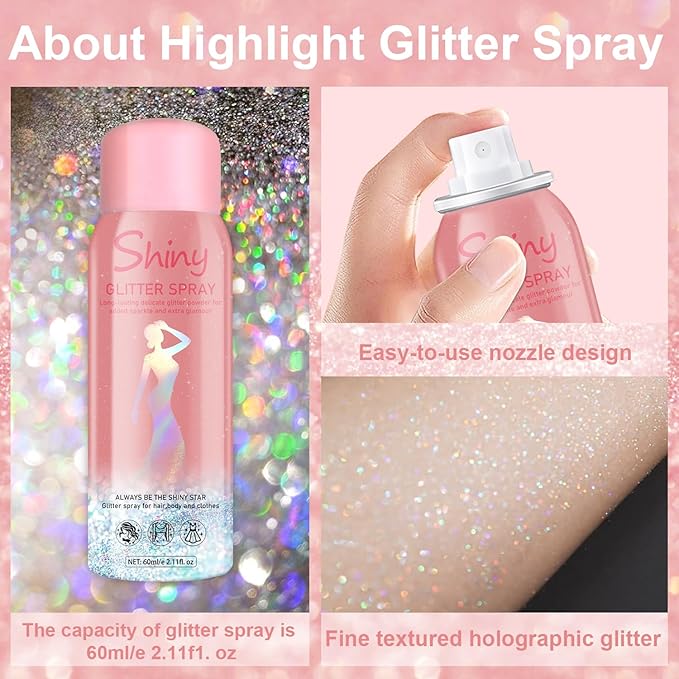 Hair and Body Glitter Spray, Holographic Glitter Highlighter Powder, Hairspray for Clothes, Face Body Shiny Glitter, Loose Shimmer Hairspray Festival Rave Prom Accessories, 2.11 Fl Oz (Rainy-Rainbow)
