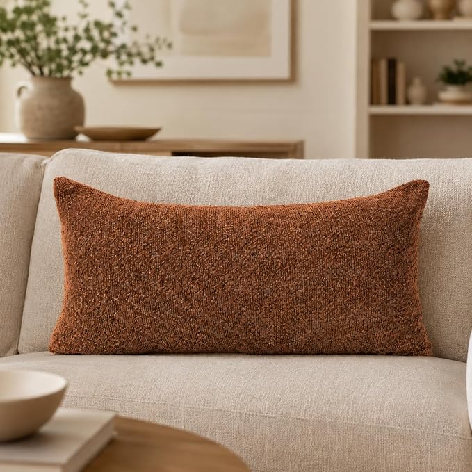 JoraLion 16x24 inch Boucle Lumbar Pillow Cover, Rust Woven Texture Neutral Long Pillow Cover Breathable Cushion Case for Couch Sofa Bed Living Room Home Decor (Cover Only)