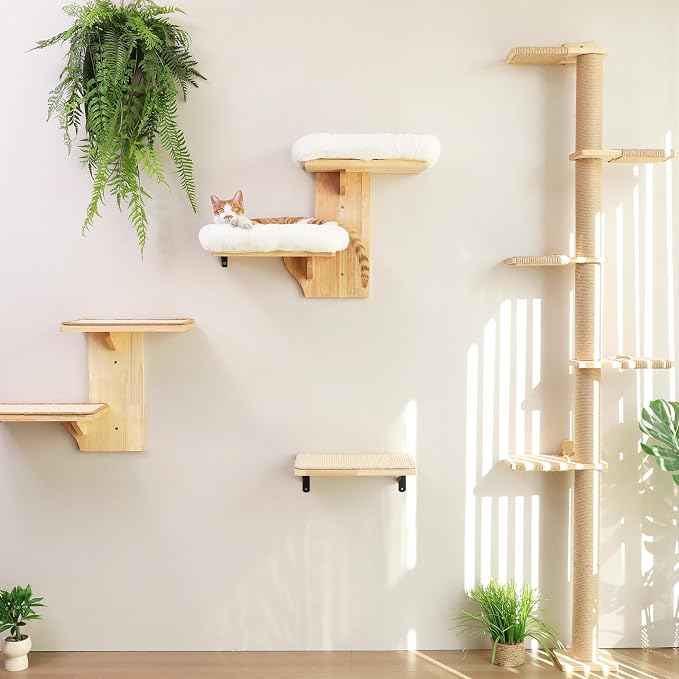 FUKUMARU Cat Wall Shelves, 2 Platform with Soft Cushion Perch | Floating Shelf Kitten Furniture, Solid Rubber Wood Cats Perch For 16 Inch Drywall, Suitable for Climb, Play, Nap