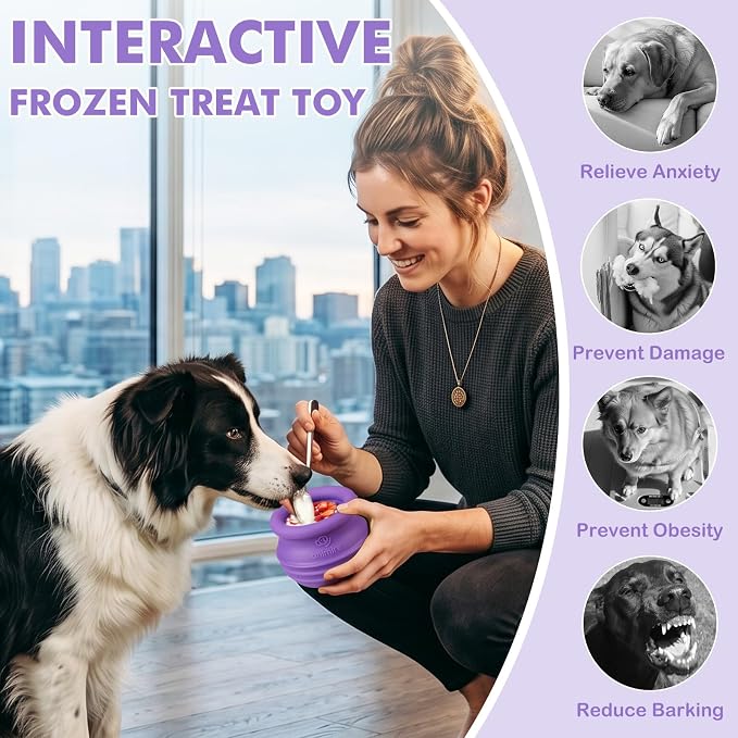 Treat Dispensing Dog Toy, Long-Lasting Interactive Puzzle Toys for Dogs, Stuffable Dog Enrichment Frozen Lick Treat Toy for Boredom, BPA Free Silicone Fetch Catch Chew Toy (Purple,S)