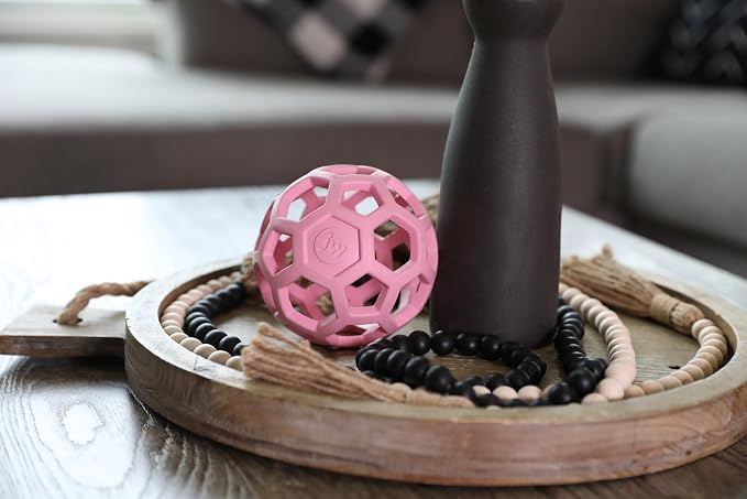 JW Pet HOL-ee Roller Dog Puzzle Ball, Medium 4.5in, Natural Rubber, Pink