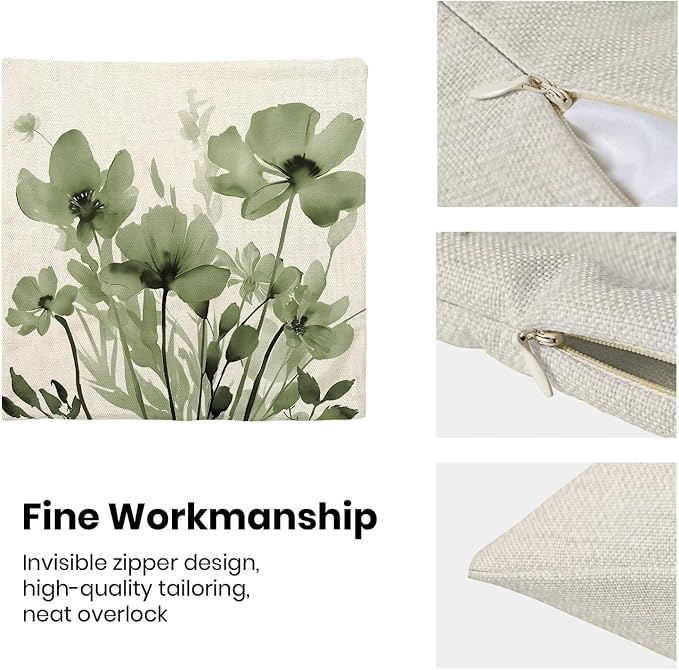 Spring Floral Pillow Covers 18x18 Inches Set of 2,Sage Green Floral Throw Pillow Covers Outdoor Summer Flower Decoration Pillowcase Farmhouse Decorative Square Linen Cushion Cover For Home Sofa