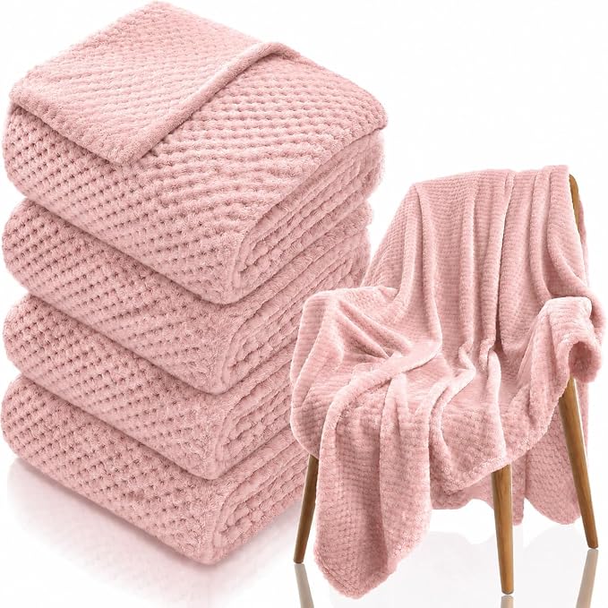 4 Pack Fleece Throw Blankets 50x60 Inches - 270 GSM Ultra Soft Plush Flannel for Bed Couch Sofa, Lightweight Warm 3D Waffle Texture, No Shedding No Pilling All Season Throw (Rose Pink)