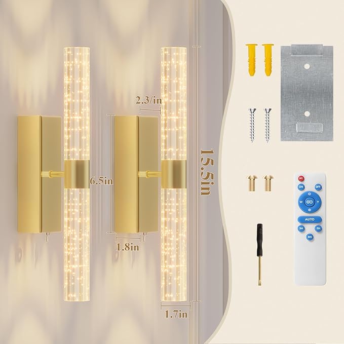 camuucci Battery Operated Wall Sconces Set of 2, Rechargeable Wall Lights | 12000mAh Long-Lasting Battery,Dimmable Cordless Sconce,No Wiring Needed for Bedroom,Living Room,Gold 15.3-Inch