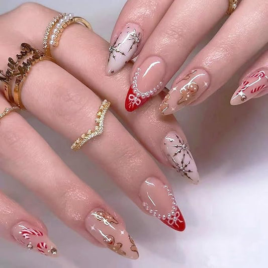 Christmas Press on Nails Gingerbread Man Fake Nails Holly Glue on Nails with Candy Cane Design Medium Almond False Nail Glossy Full Cover Artificial Acrylic Xmas Stick on Nail for Women Manicure 24Pcs