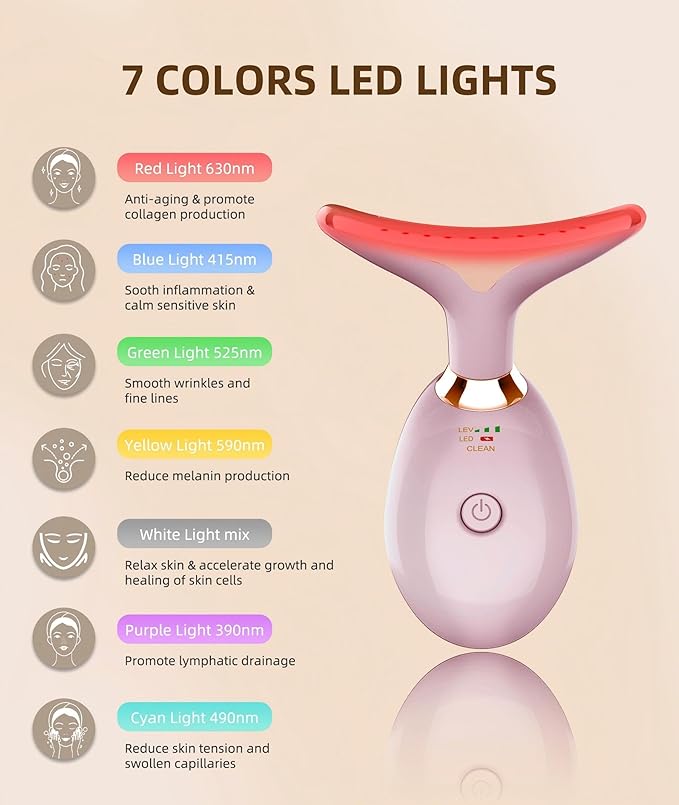ELISHINE Red Light Therapy for Face and Neck, 7 Color Light Based Face Massager Tool, Portable Skin Care Tool for Firming, Tightening and Lifting (Glossy Pink)