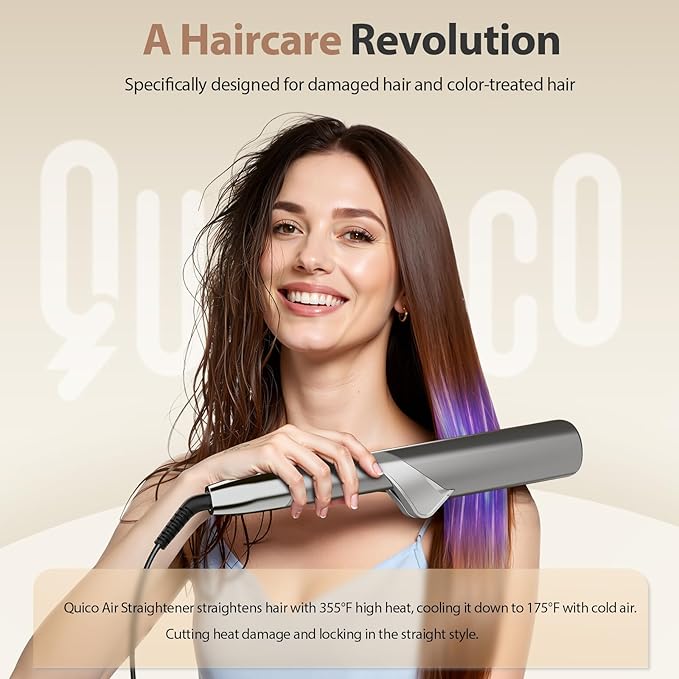 Quico Air Straightener, Ionic Wet to Dry Hair Straightener with High-Speed Airflow, 5 Temps & Dual Voltage 2-in-1 Flat Iron and Hair Blow Dryer Straightener, No Heat Damage, No Hot Plates, Black Grey