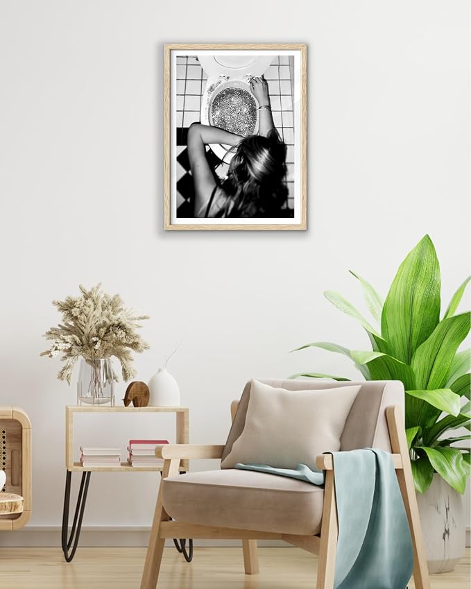 EcoHest Small 8x10 in After the Disco Party Framed Wall Art for Bathroom | Natural Oak Wood Frame, Canvas Wall Art, Black & White Funny Wall Decor for Bathroom, Bedroom, Dorm Room, College Room, 1Pack