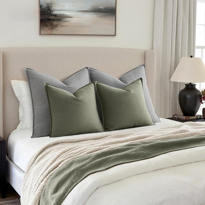 MIULEE Thick Textured Decorative Throw Pillow Covers 22x22 Inch Olive Green | Set of 2, Linen Blend Pillow Cover, Flange Edge Design, Farmhouse Modern Boho Style, Bed Couch Living Room Decor