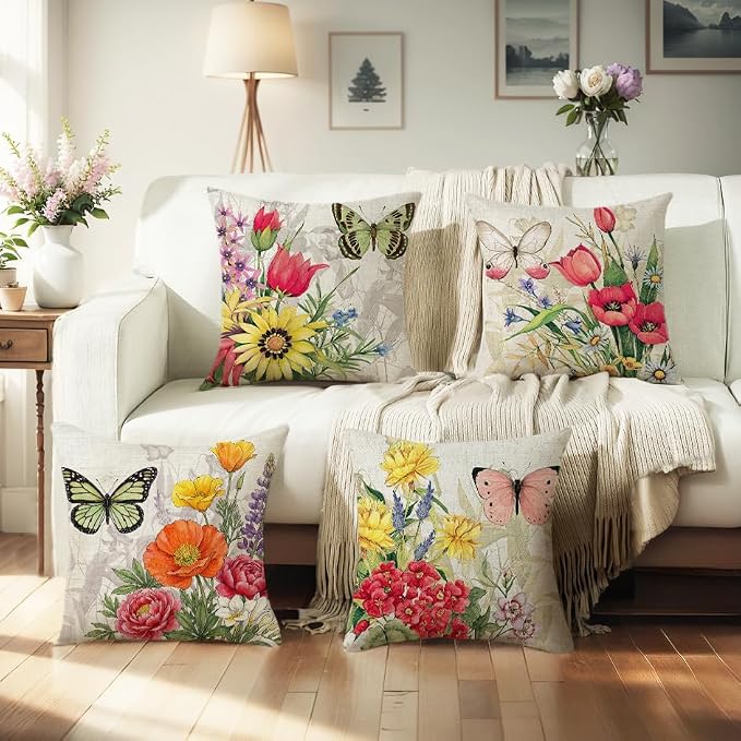 wyooxoo Throw Pillow Covers 18x18 Set of 4 Decorative Spring Pillow Covers Linen Flower Butterfly Farmhouse Pillowcases for Sofa Couch Living Room Outdoor