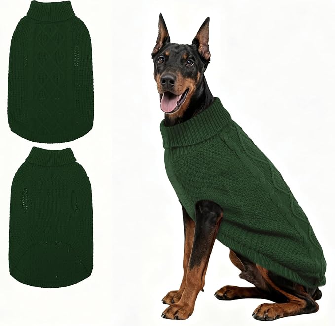 Mihachi Turtleneck Dog Sweater - Winter Coat Apparel Classic Cable Knit Clothes with Leash Hole for Cold Weather, Ideal Gift for Pet in New Year Army Green 3XL