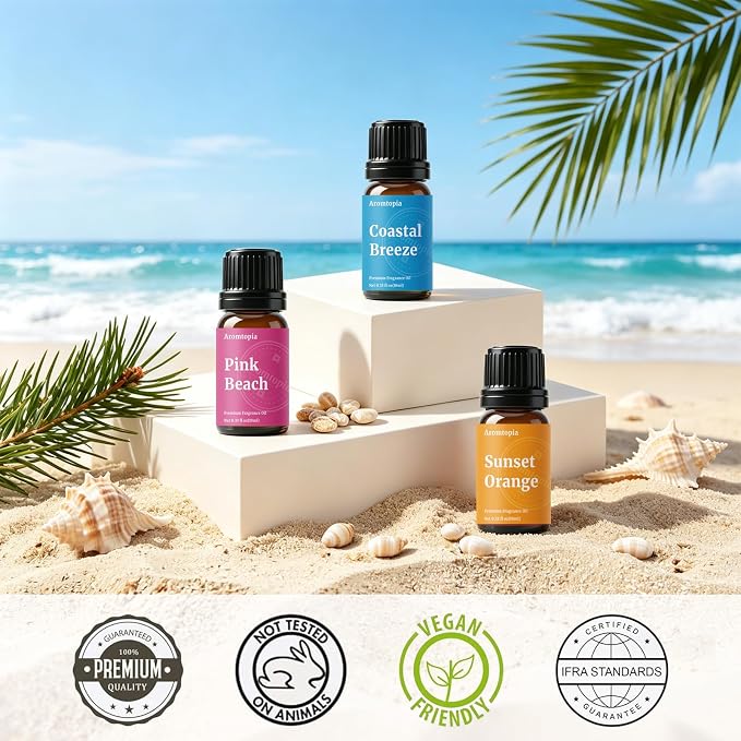 Beach Essential Oils, Aromtopia Diffuser Fragrance Oils Set, 6x10ml, Essential Oils for Diffusers for Home, Candle Soap Making Scents, Pink Beach, Ocean Drift, Coastal Breeze and More