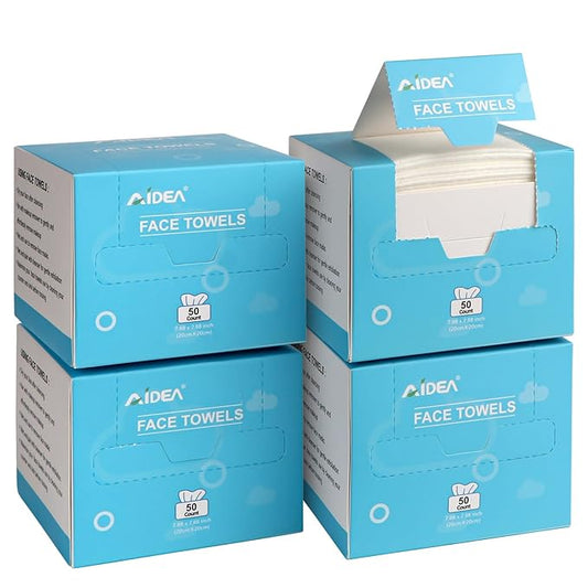 AIDEA Face Towels Disposable-200Ct (4 Box), Clean Facial Towels, Facial Cleansing Wipes for Sensitive Skin, Face Towelettes for Makeup Removing, Nursing, Travel, Dry Wipes