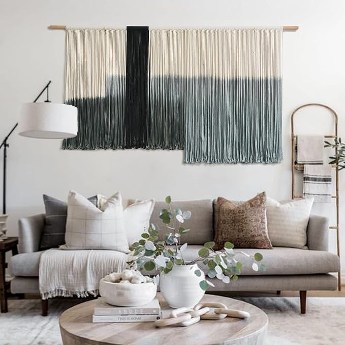 Macrame Wall Hanging Grey Dip Dye Large Boho Fiber Wall Art Decor 57"W*35"L | Neutral Wall Hanging, Handmade Yarn Art, Textured Fiber Decor, for Bedroom Wall Accent, Farmhouse Interior Style