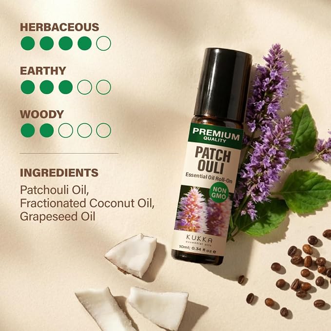 Kukka Patchouli Essential Oil Roll On - 0.34 Fl Oz - Unisex Fragrance Oil Roller for Women and Men, Enhances Mindfulness, Balance and Nostalgic Bliss - Alcohol-Free, Non-GMO and Cruelty-Free