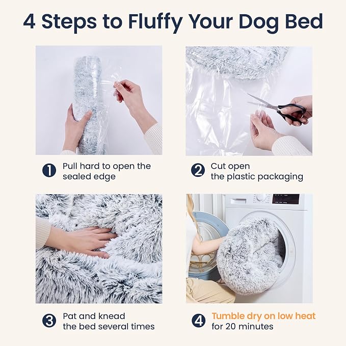 JOLLYVOGUE Calming Dog Beds Extra Large Sized Dog, 45in Donut Washable Large Pet Bed, Anti-Slip & Anti-Anxiety Fluffy Faux Fur Round Dogs Bed, Fits up to 125 lbs Pets (Smoke Grey)
