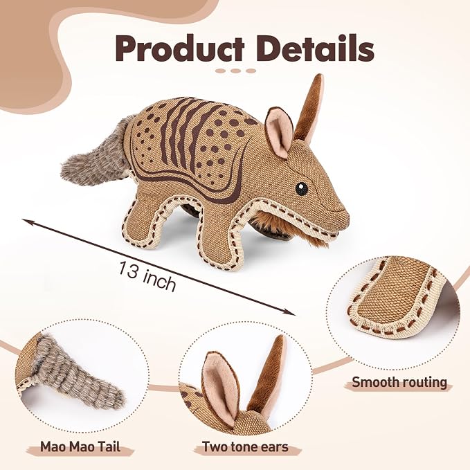 Tough Squeaky Dog Toys for Aggressive chewers Interactive to Keep Them Busy,Durable Funny Cute Tug of war Birthday for Small Medium Large (Armadillo)