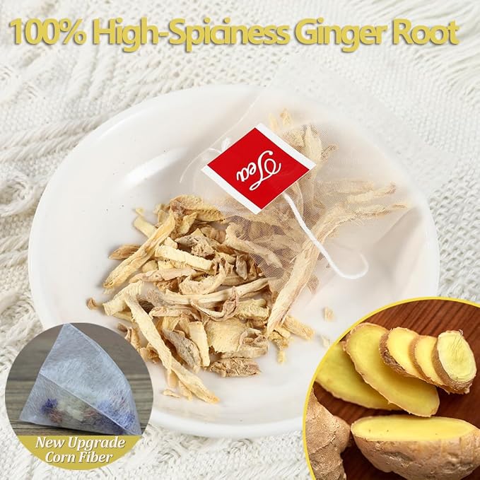 100 Premium Ginger Tea Bags/7.06 Oz, Made with 100% High-Spiciness Ginger Root, Full of Flavor & Spicy, Support Digestion & Boost Immunity, No Additives & Caffeine Free.