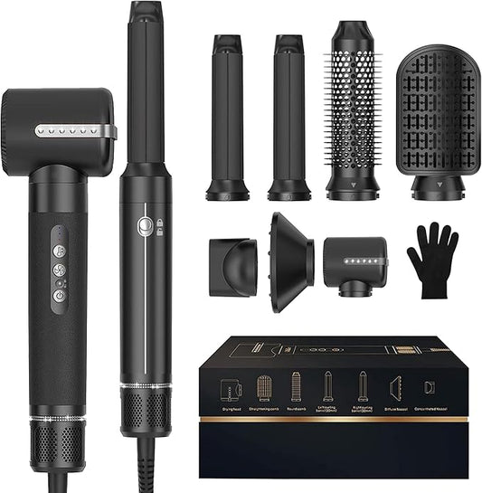 Blow Dryer Brush 7 in ONE，Autowrap Curling Wand, 110,000 RPM High-Speed Negative Ionic Hair Dryer with Diffuser Concentrator, Round Brush Blow Dryer Air Styler, Volumizing Hair Styling Tools