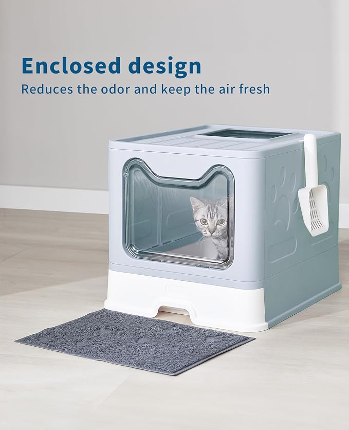 Medario Cat Litter Box with Litter Mat and Scoop(Blue) | Large Covered Litter Box with Lid, Enclosed Kitty Box, Front Entry Top Exit, Odor Control, Easy to Clean