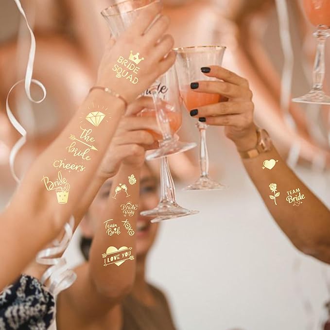 Bride's Babes Bachelorette Temporary Tattoos, Bride Tribe Cheers Gold Metallic Tattoos for Bachelorette Party Bridesmaid Favors Decorations(I love you)