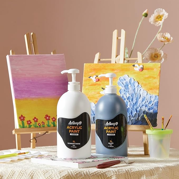 White Acrylic Paint | 1L / 33.8 fl oz Pump Bottle with Handle Grip | Premium Artist Quality, High Coverage & Easy Dispense for Canvas, DIY Crafts & Murals