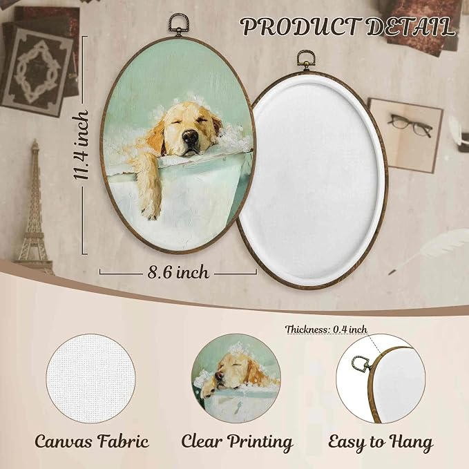LKETW Funny Golden Retriever Bathroom Oval Wall Art Decor, Golden Retriever Gifts Oval Canvas Hanging Decor, Dog Sleeping in Bathtub Wall Decorations for Bathroom Washroom, 8.6x11.4 Inch Set of 2
