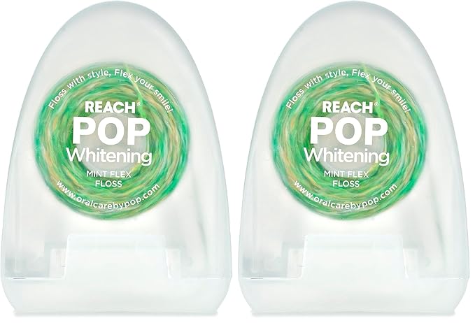 REACH POP Whitening Dental Floss, Mint, Baking Soda Infused, Teeth Whitening, Plaque Remover for Teeth, Shred Resistant, Vegan Wax, Cruelty Free, Oral Care, PFAS Free, 2 Pack, 54.6 yd