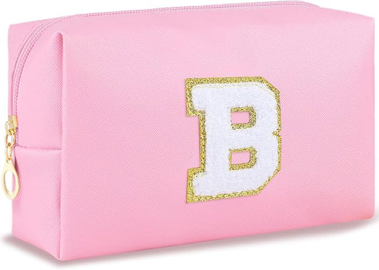 URSKYTOUS Initial Makeup Bag Personalized Preppy Travel Small Cosmetic Bag Cute PU Pink Chenille Letter Makeup Pouch for Purse Waterproof Zippered Toiletry Organizer for Women Girls Kids Friends（B）